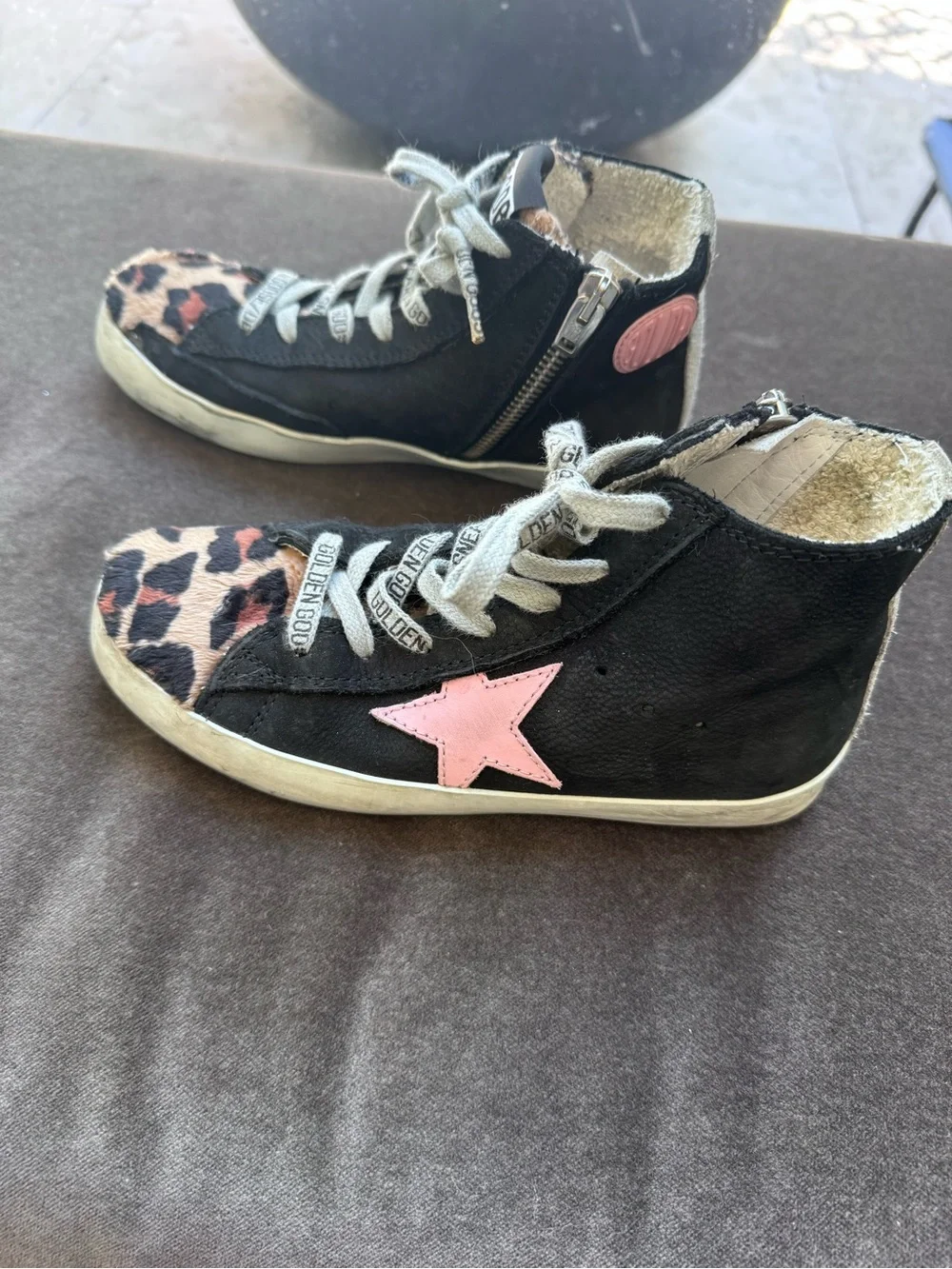 Golden Goose black fancy Sneakers Pink Star and Leopard Toe Cap. Girl sz 32 or 1